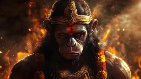 Regal monkey guardian crowned in firelit devotion.