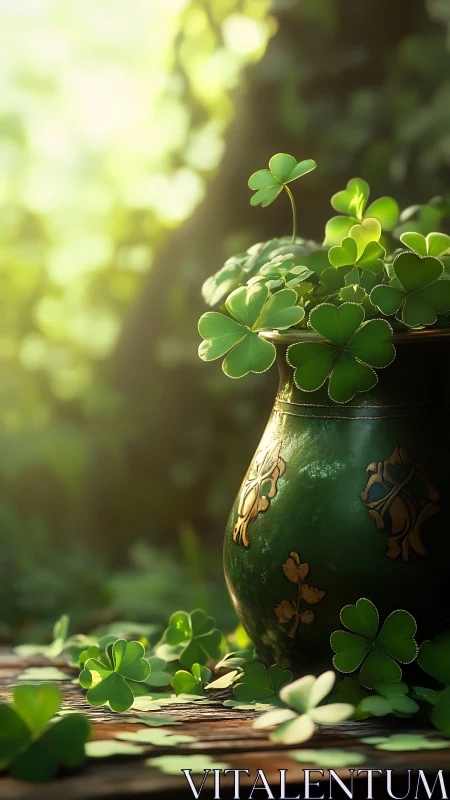 Sunlit clover pot spilling gentle luck into the garden.