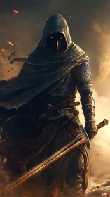 Shadow-cloaked warrior strides through swirling embers.