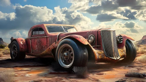 Rust-scarred desert hot rod under dramatic sky.