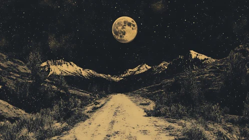 Lunar-illuminated alpine road under dense starfield night sky