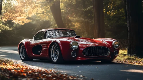 Red vintage-style sports coupe on forest road in sunlight.
