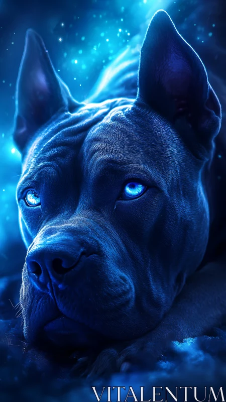 Blue-lit close-up of resting dog with glowing eyes.