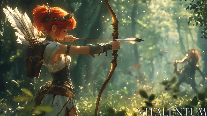 Forest archer draws a poised arrow in golden woodland light