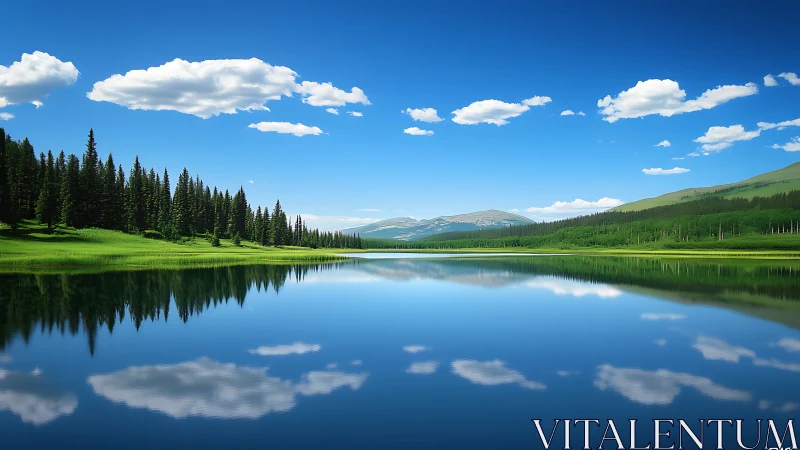 Mirrorlike mountain lake under vivid summer sky reflection.