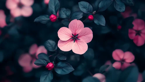 Pink Flower with Dark Foliage Close-up.
