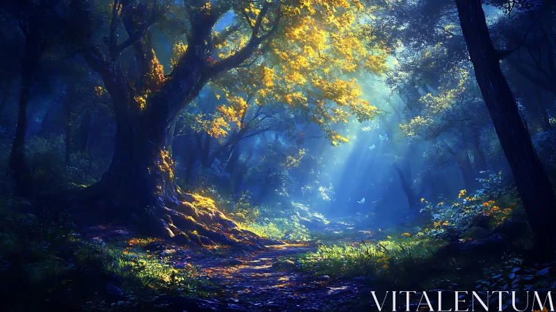 Enchanted Forest Path Glows With Golden Sunlight Through Ancient Trees