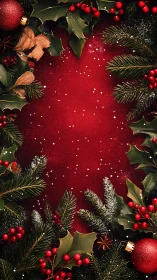 Crimson Christmas frame of holly, evergreens, and sparkle.