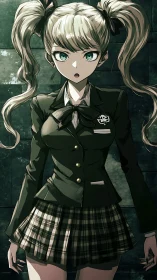 Anime schoolgirl stands tense in dim tiled corridor