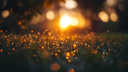 Golden sunrise illuminates dew-covered grass in soft bokeh glow