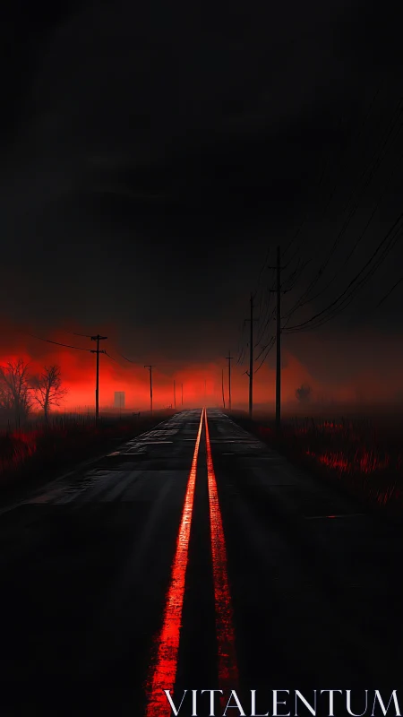 Lonely country road glowing under a mysterious red sky.