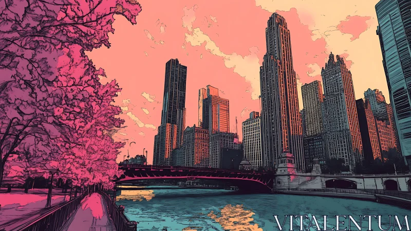 Neon sunset riverfront where candy clouds kiss skyscrapers.