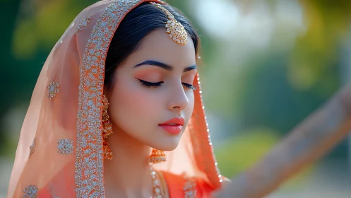 Serene bride in ornate peach veil with gold accessories.