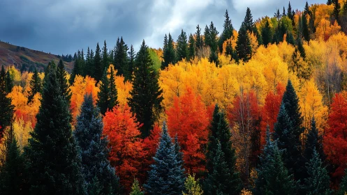 Mixed conifer and deciduous forest displays autumn color gradient