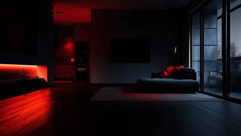 Moody modern living room glowing with red and blue light.