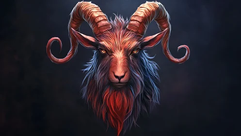 Bioluminescent horned goat portrait with neon rim lighting