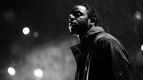 Moody night portrait of a lone figure standing in the rain.