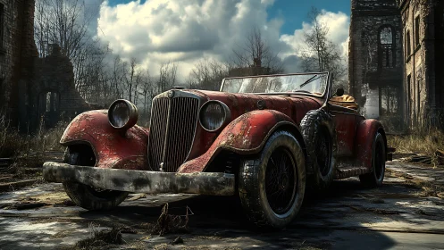 Weathered prewar roadster in decayed industrial courtyard.