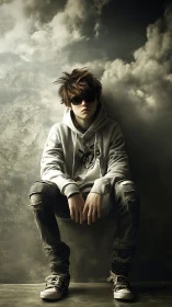 Moody teen portrait in desaturated streetwear with dramatic cloud backdrop