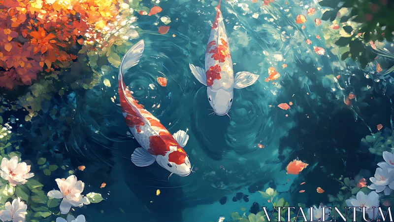 Koi carp pair in clear pond with surface foliage and petals.
