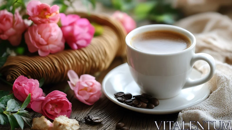 Optically precise still life of espresso, roses, and wicker basket.
