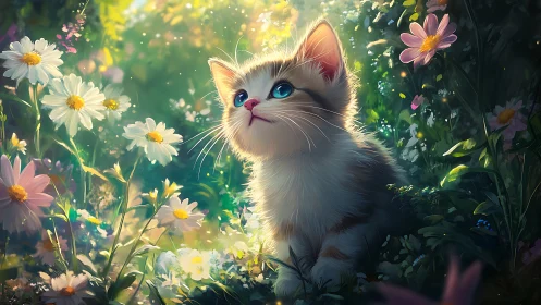 Luminescent Feline Portrait in Floral Environment with Optical Glow Effects.