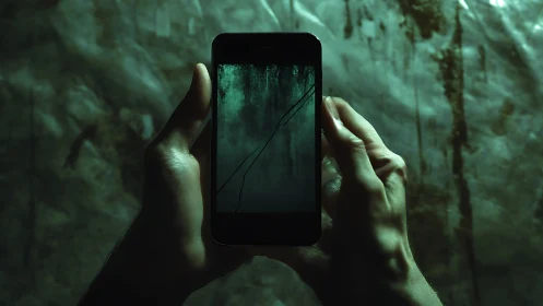 Cracked smartphone glows eerily in dim green shadows