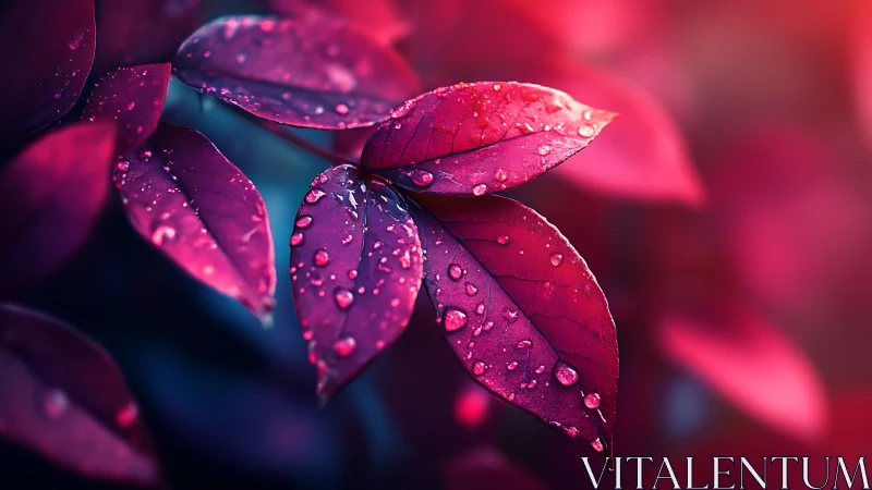 Crimson rain-kissed leaves glowing in dreamy twilight hues.