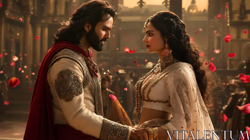 Regal couple in ornate garments under cinematic warm palace light