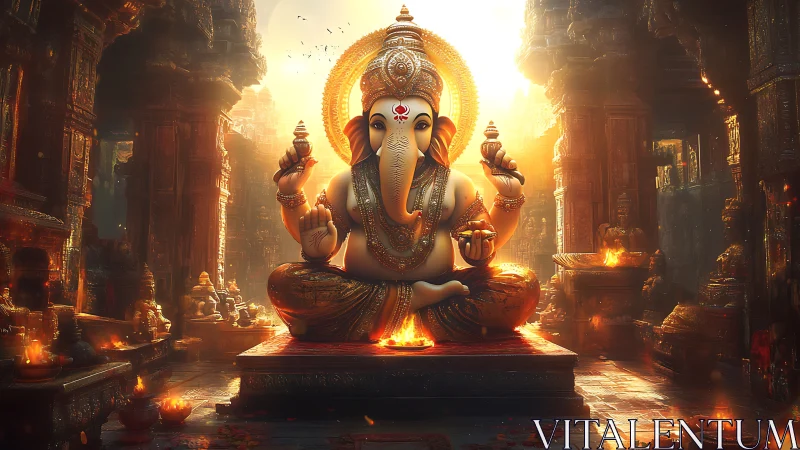 Golden Ganesha idol in ornate temple hall, glowing light.