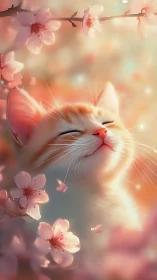 Serene White Cat Surrounded by Blooming Cherry Blossoms