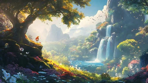 Bird overlooks luminous valley lake under cascading waterfalls