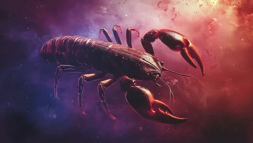 Cosmic red scorpion floats through radiant nebula clouds