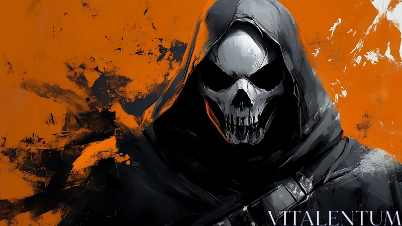 Hooded skull figure is rendered against textured orange field