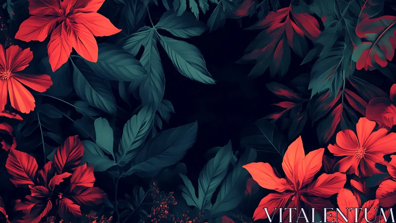 High-contrast digital foliage with red florals on deep teal field.