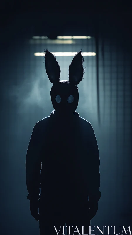 Silhouetted figure in rabbit mask under cool studio light.