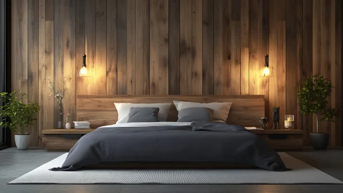 Symmetrical modern bedroom with warm wood panel wall and soft LEDs