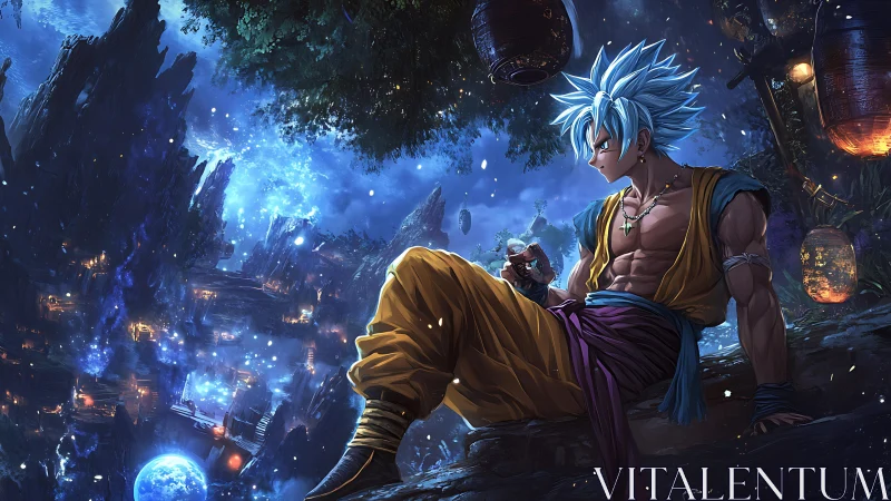 Starry-haired warrior relaxing above a glowing dream city.