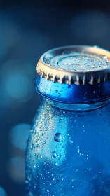 Glowing blue bottle cap with crisp condensation droplets.