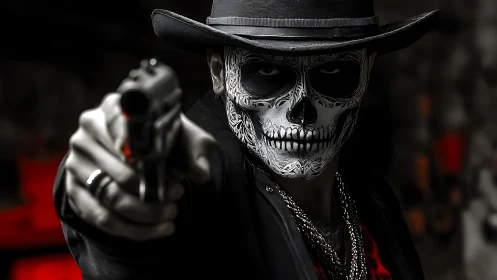 High-contrast skull-painted gunman in shallow-depth cinematic portrait