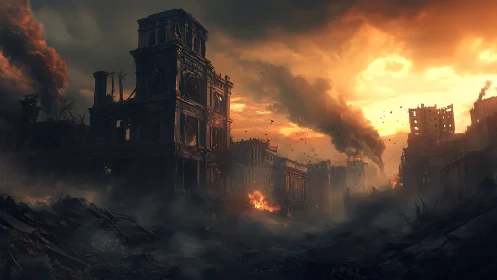 Post-apocalyptic urban canyon under incendiary atmospheric bloom.