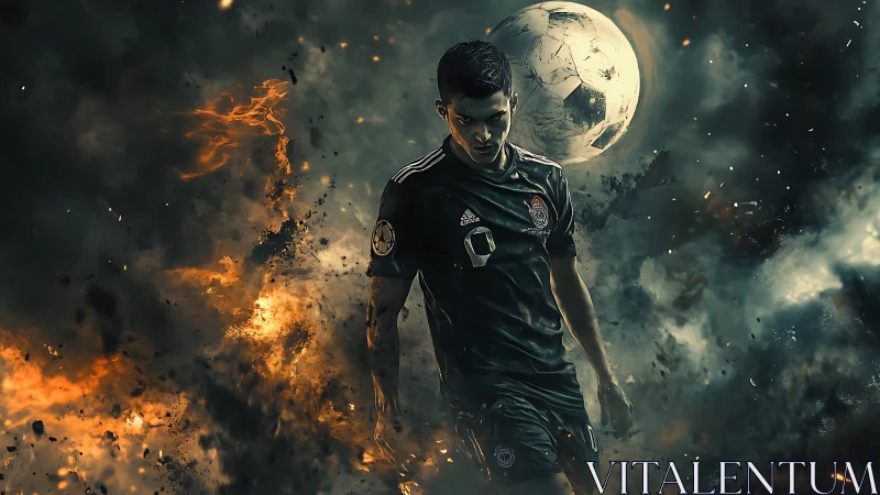 Digital painting of soccer striker in explosive nebula field.