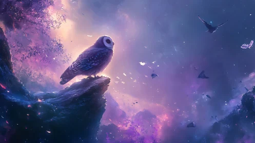 Owl on rocky ledge in glowing purple cosmic sky.