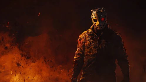 Masked horror figure in burning ember storm, cinematic lighting