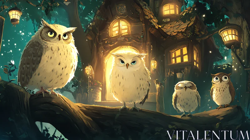Four owls on branch before glowing forest cottage at night.