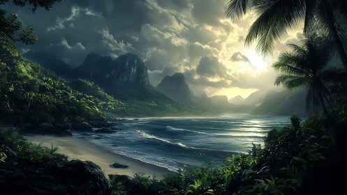 Sunlit tropical bay framed by stormy mountains and palms.
