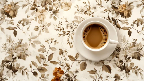 Cup of coffee on beige floral patterned tabletop.