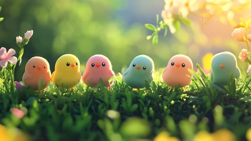 Pastel meadow flock of toy birds basking in soft sunrise glow.