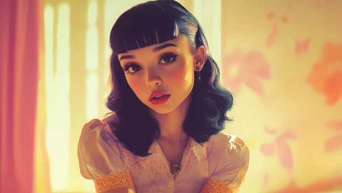 Digital portrait of young woman in warm soft light.