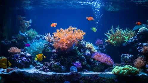 Marine aquarium scene with macro coral colonies and colorful reef fish